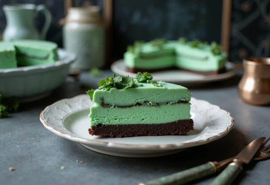 Deliciously presented slice of Slytherin Serpent's Mist Mint Cheesecake, reflecting its enchanting flavors and rich textures.