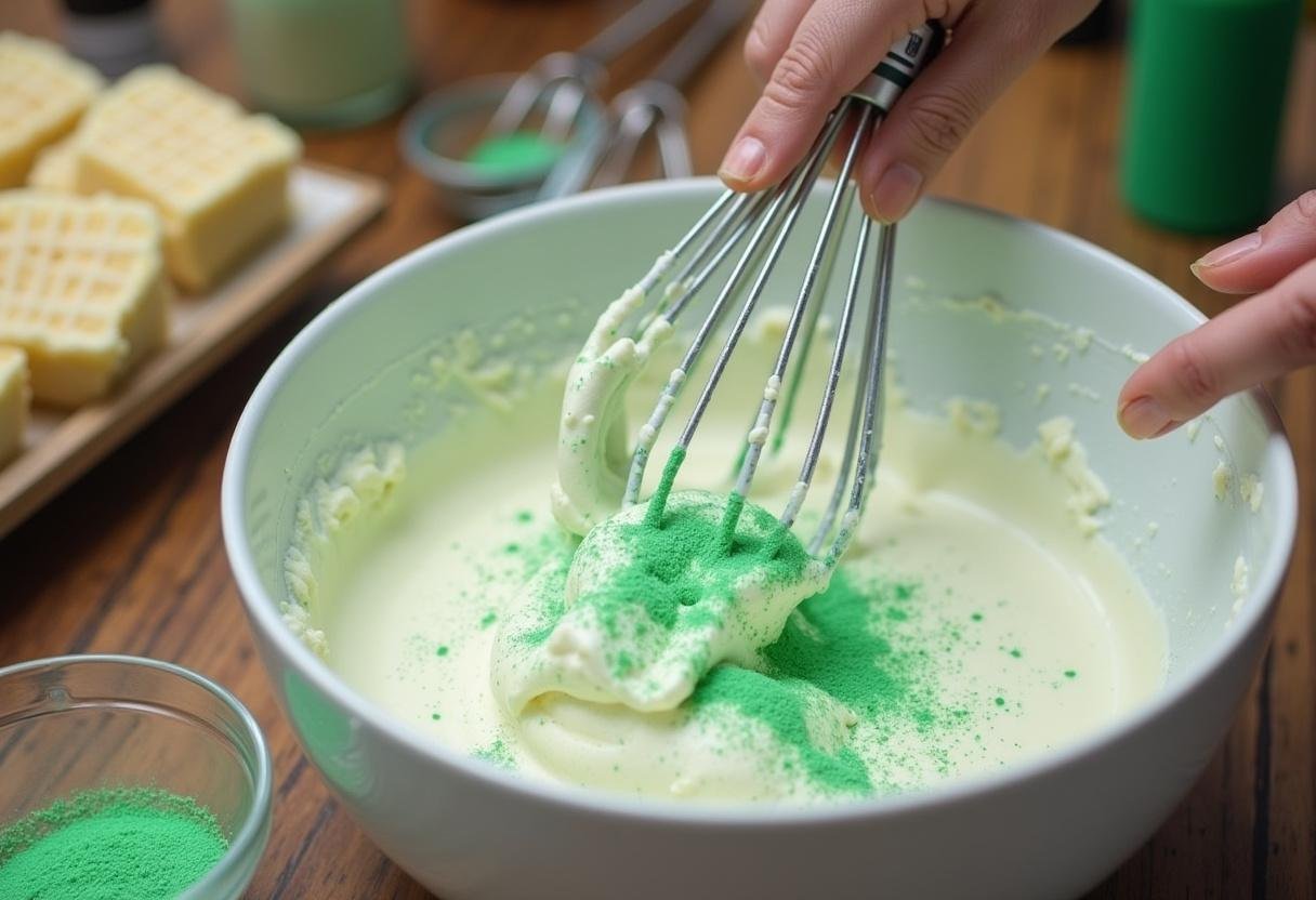 Creating a vibrant green mixture for Slytherin Serpent's Mist Mint Cheesecake with cream cheese and mint extract.