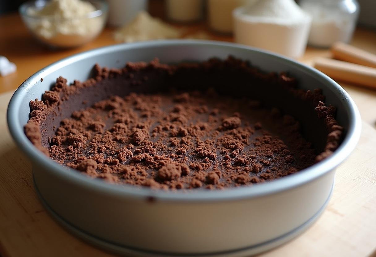Preparing a chocolate cookie crust for Slytherin Serpent's Mist Mint Cheesecake in a well-appointed kitchen.