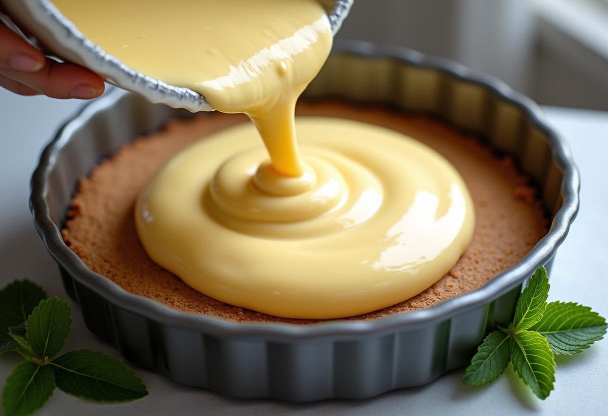 Pouring creamy cheesecake batter onto a chocolate crust for Slytherin Serpent's Mist Mint Cheesecake, garnished with fresh mint leaves.