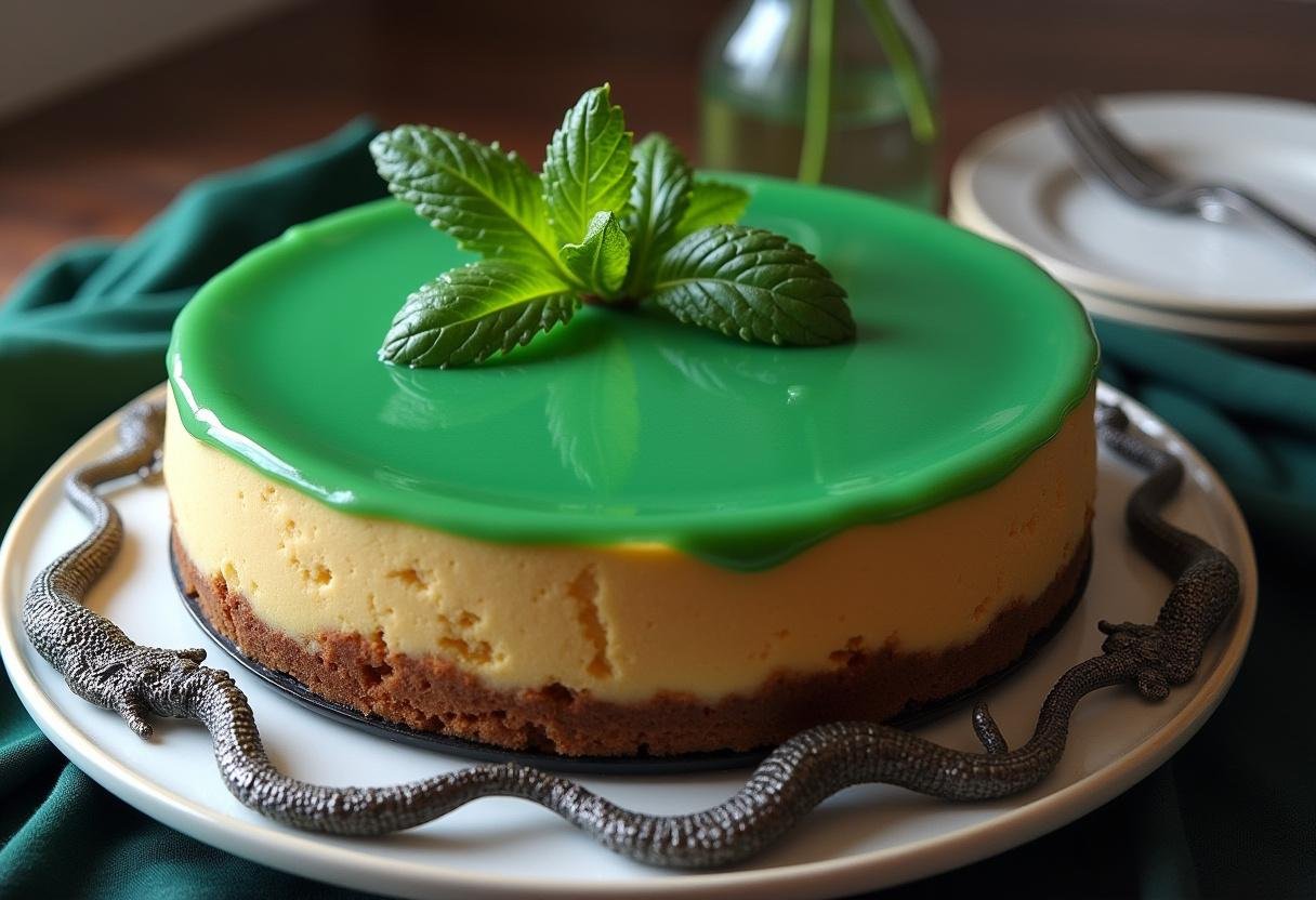 Chilling the finished Slytherin Serpent's Mist Mint Cheesecake with mint glaze, ready for serving in an enchanting presentation.