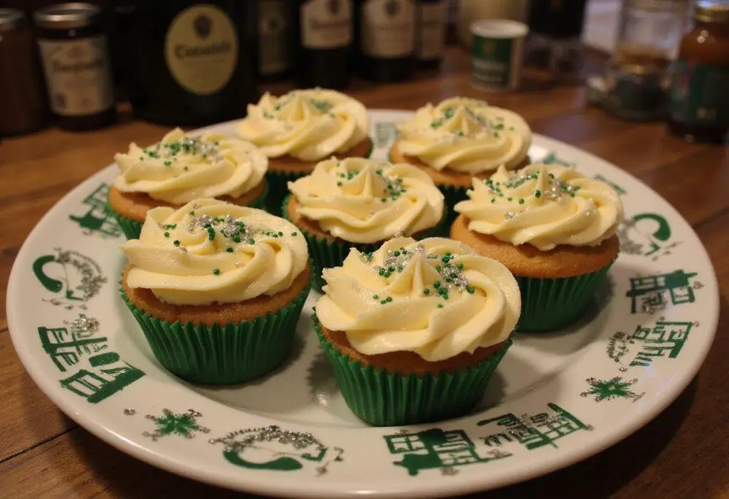 Deliciously decorated Slytherin’s Hidden Butterbeer Cupcakes on a platter, featuring rich frosting and themed sprinkles in a charming kitchen setting.