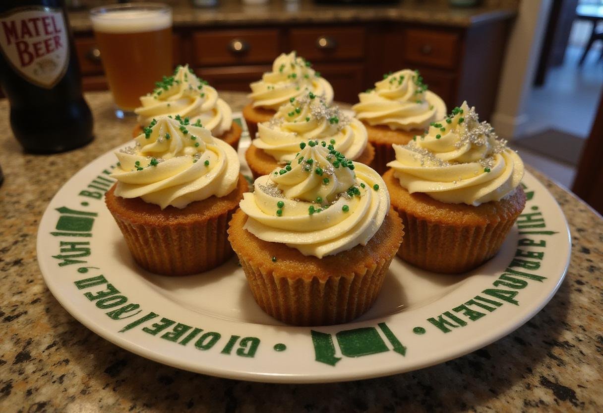 Deliciously decorated Slytherin’s Hidden Butterbeer Cupcakes on a platter, featuring rich frosting and themed sprinkles in a charming kitchen setting.