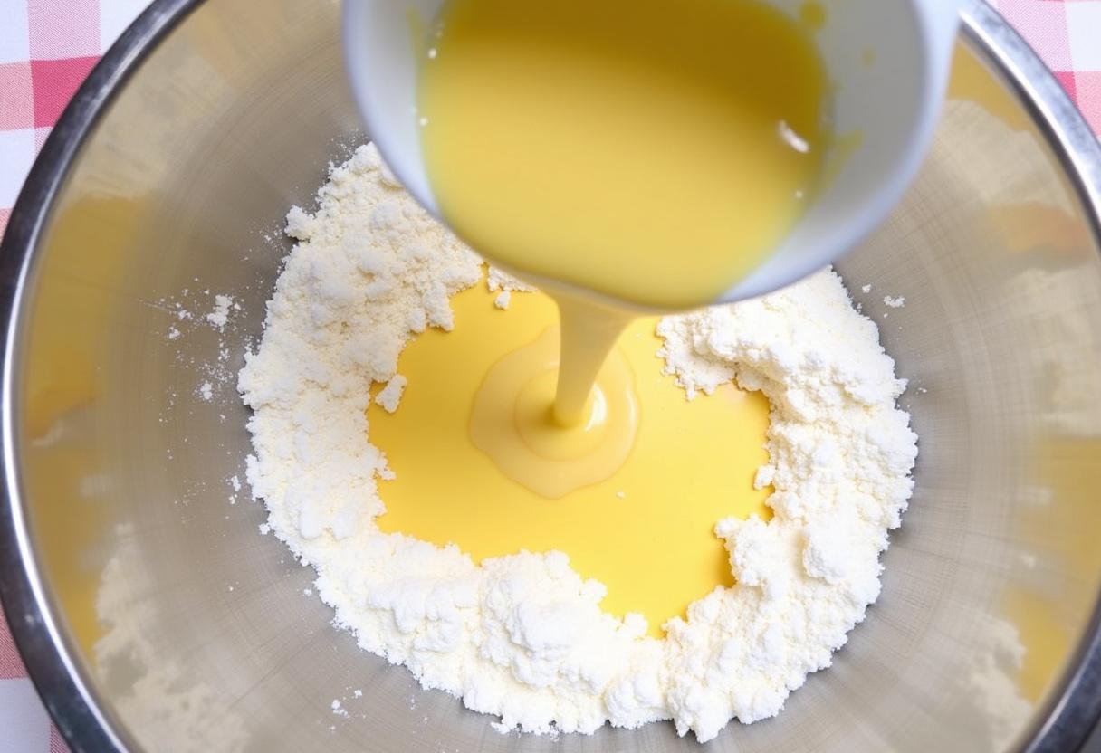Pouring wet ingredients into the dry mix for Slytherin’s Hidden Butterbeer Cupcakes, captured in a dynamic kitchen setting.