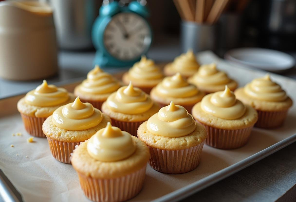 Cupcake tray filled with batter for Slytherin’s Hidden Butterbeer Cupcakes, preparing for baking in a cozy kitchen.