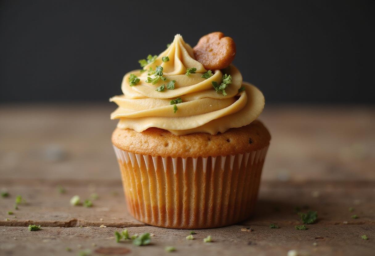Final presentation of Slytherin’s Mysterious Butterbeer Cupcakes featuring butterscotch frosting and green sprinkles on a rustic wooden table.