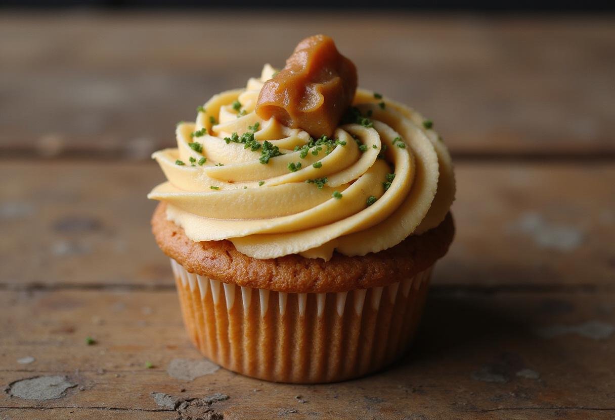 Final presentation of Slytherin’s Mysterious Butterbeer Cupcakes featuring butterscotch frosting and green sprinkles on a rustic wooden table.