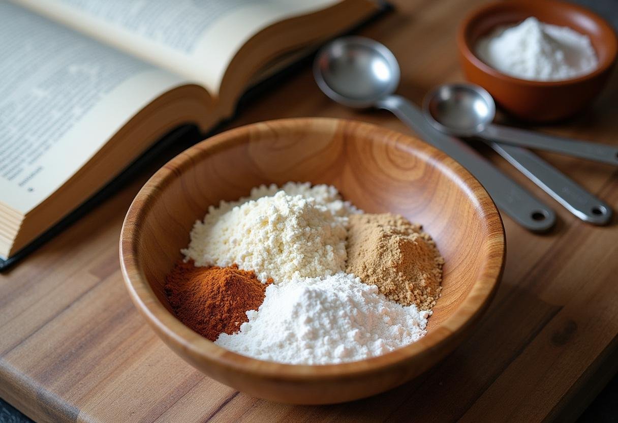 Ingredients for Slytherin’s Mysterious Butterbeer Cupcakes including flour, sugar, and spices on a wooden kitchen countertop.