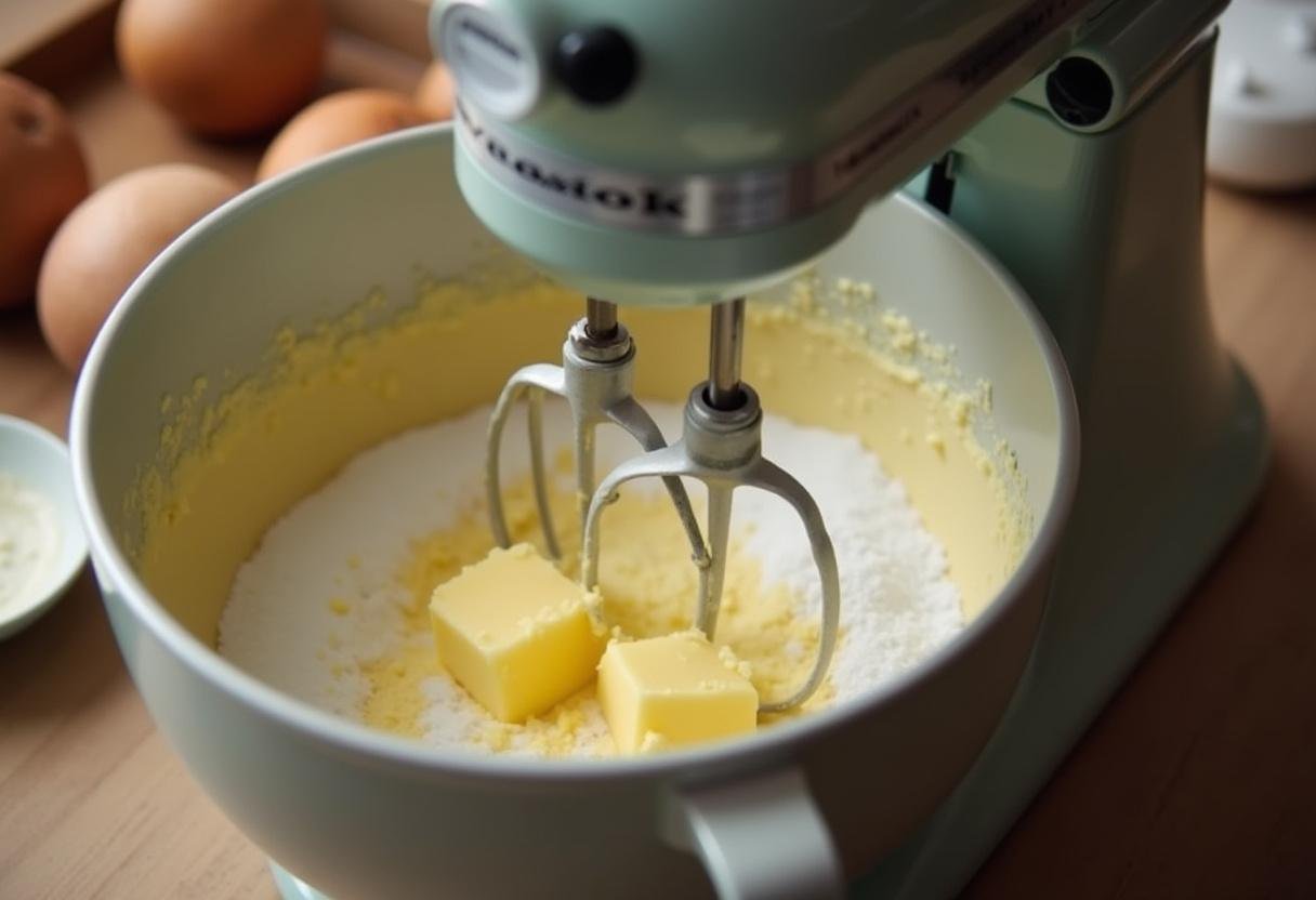 Mixing butter and sugar for Slytherin’s Mysterious Butterbeer Cupcakes in a warm and inviting kitchen setting.