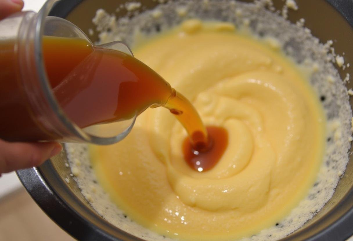 Pouring butterscotch syrup into a mixing bowl for Slytherin’s Mysterious Butterbeer Cupcakes, creating a sweet and rich cupcake batter.