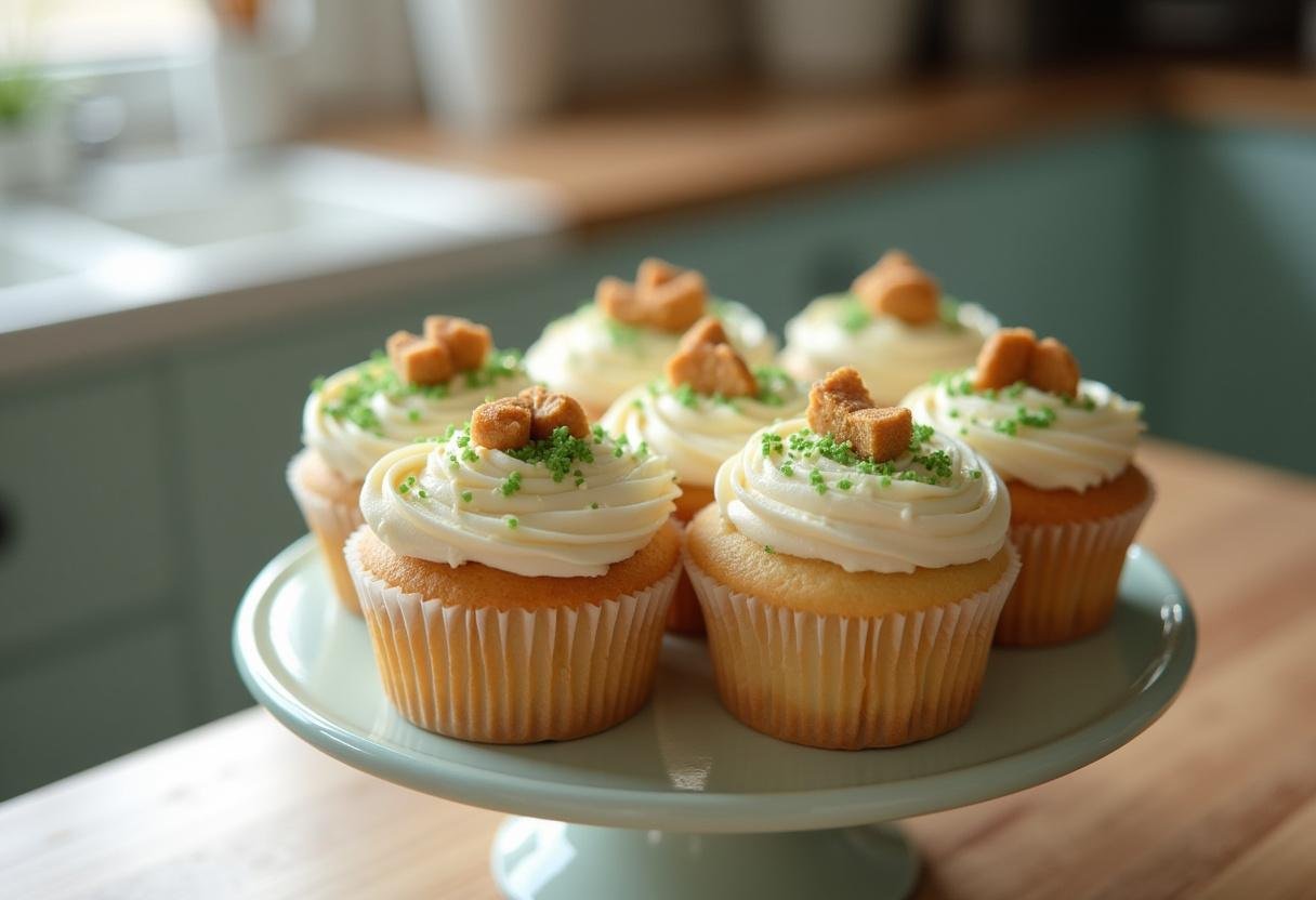 Decorated Slytherin’s Mysterious Butterbeer Cupcakes with green sprinkles and toffee bits displayed on a cake stand in a delightful kitchen.
