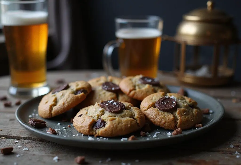 Final presentation of Slytherin’s Serpent's Whisper Butterbeer Cookies with Dark Chocolate, inviting and delicious, paired with a glass of butterbeer for a magical touch.