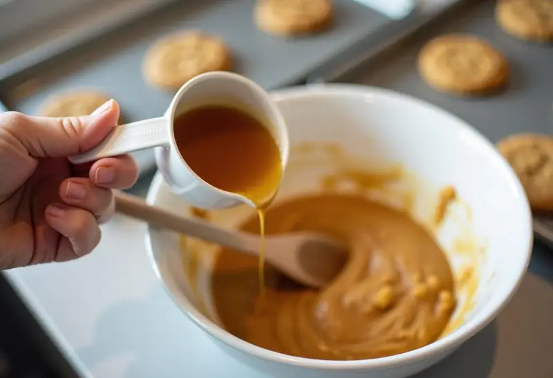 Warm butterscotch syrup being added to Slytherin’s Serpent's Whisper Butterbeer Cookies dough, showcasing the process of creating the exquisite cookie flavor.