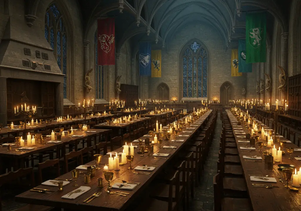 The Great Hall from Harry Potter, with long tables, floating candles, and house banners, empty but ready for students.

