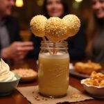 Final presentation of Three Broomsticks Butterbeer Cheesecake Pops in a glass jar, perfect for parties with delicious root beer flavors and delightful toppings.