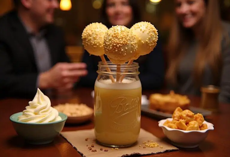 Final presentation of Three Broomsticks Butterbeer Cheesecake Pops in a glass jar, perfect for parties with delicious root beer flavors and delightful toppings.