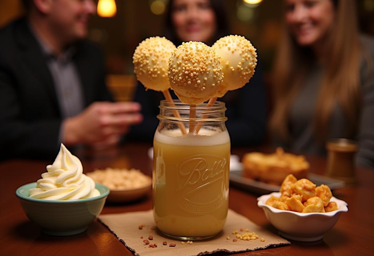 Final presentation of Three Broomsticks Butterbeer Cheesecake Pops in a glass jar, perfect for parties with delicious root beer flavors and delightful toppings.