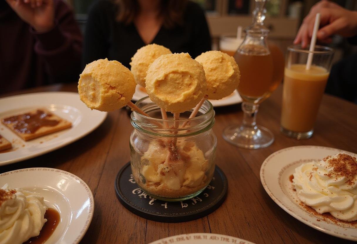 Final presentation of Three Broomsticks Butterbeer Cheesecake Pops in a glass jar, perfect for parties with delicious root beer flavors and delightful toppings.