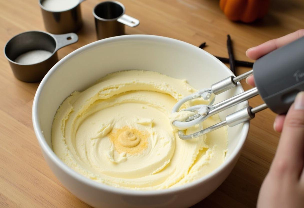 Mixing cream cheese and sugar for Three Broomsticks Butterbeer Cheesecake Pops, a rich root beer-flavored dessert with sweet notes.