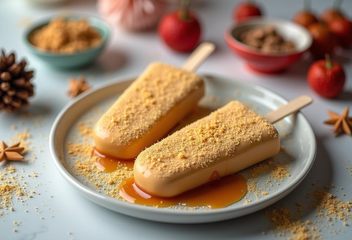 Displaying completed Three Broomsticks Butterbeer Cheesecake Pops with golden sugar dust, a perfect finish to a sweet root beer inspired treat.