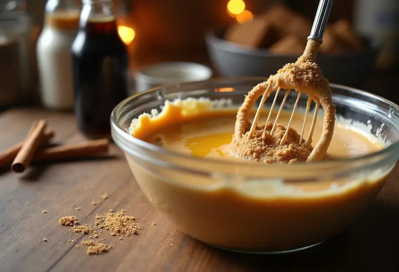 Creating the crust for Three Broomsticks Creamy Root Beer Pie with Golden Sugar Dust using graham crackers and butter.