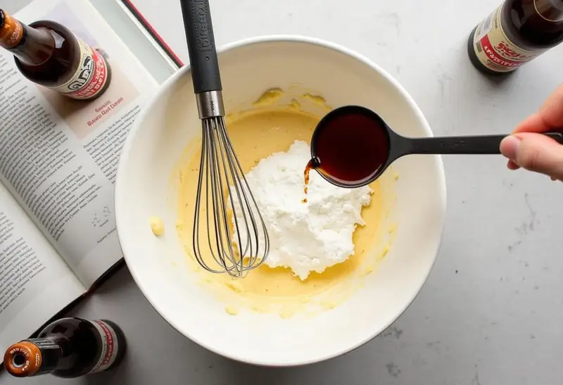 Mixing root beer into the creamy filling for Three Broomsticks Creamy Root Beer Pie with Golden Sugar Dust next to kitchen utensils.