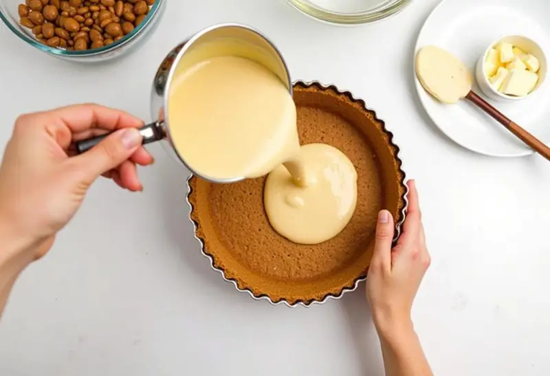 Filling the graham cracker crust for Three Broomsticks Creamy Root Beer Pie with Golden Sugar Dust with a luscious root beer cream.