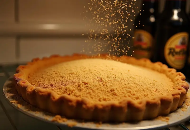 Adding golden sugar dust to the top of Three Broomsticks Creamy Root Beer Pie with Golden Sugar Dust for a sweet finish.