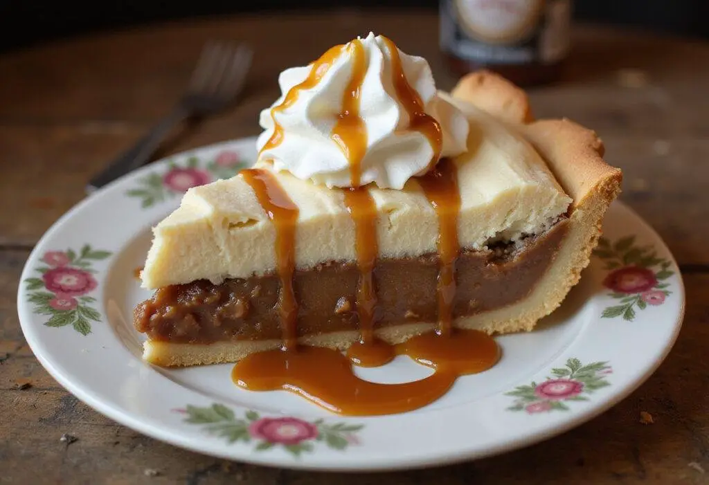 Final presentation of Three Broomsticks Frothy Root Beer Float Pie with Butterbeer Cloud, showcasing a delicious slice with caramel drizzle.