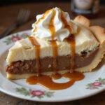 Final presentation of Three Broomsticks Frothy Root Beer Float Pie with Butterbeer Cloud, showcasing a delicious slice with caramel drizzle.