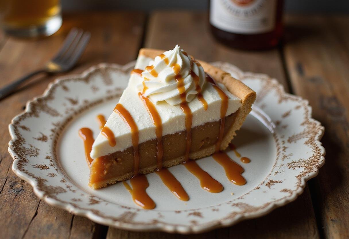 Final presentation of Three Broomsticks Frothy Root Beer Float Pie with Butterbeer Cloud, showcasing a delicious slice with caramel drizzle.