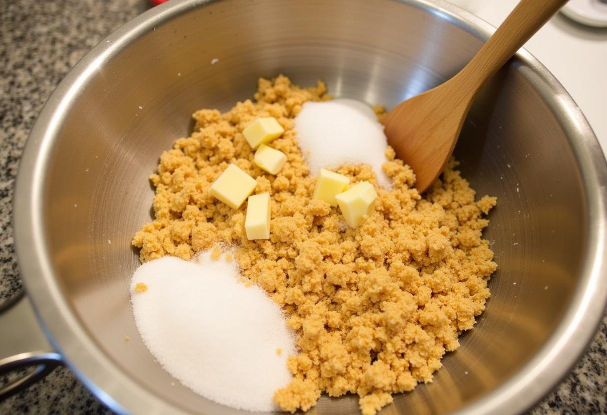 Preparation of Three Broomsticks Frothy Root Beer Float Pie with Butterbeer Cloud, mixing graham cracker crust with melted butter and sugar.