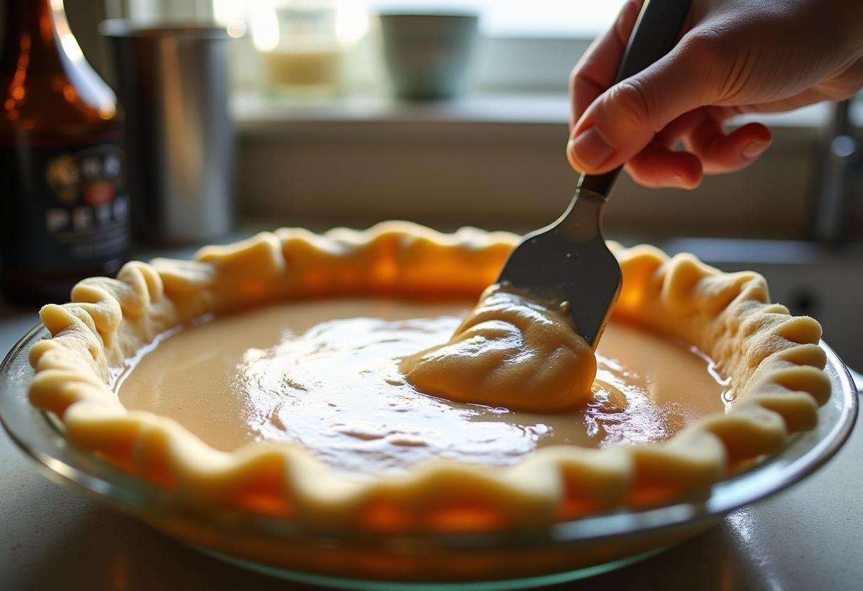 Filling the crust for Three Broomsticks Frothy Root Beer Float Pie with Butterbeer Cloud, smoothing the rich filling into the pie crust.