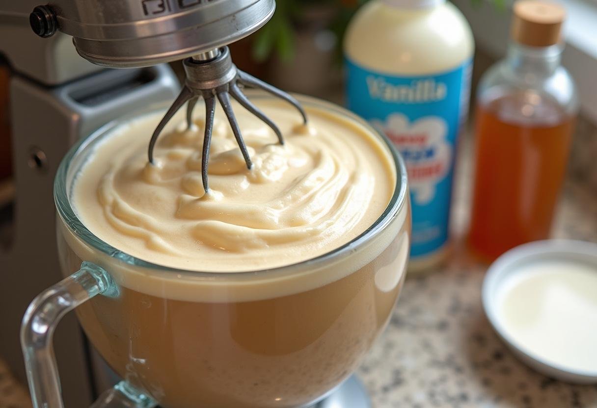 Making the butterbeer cloud topping for Three Broomsticks Frothy Root Beer Float Pie, whipping ingredients into a light fluffy texture.