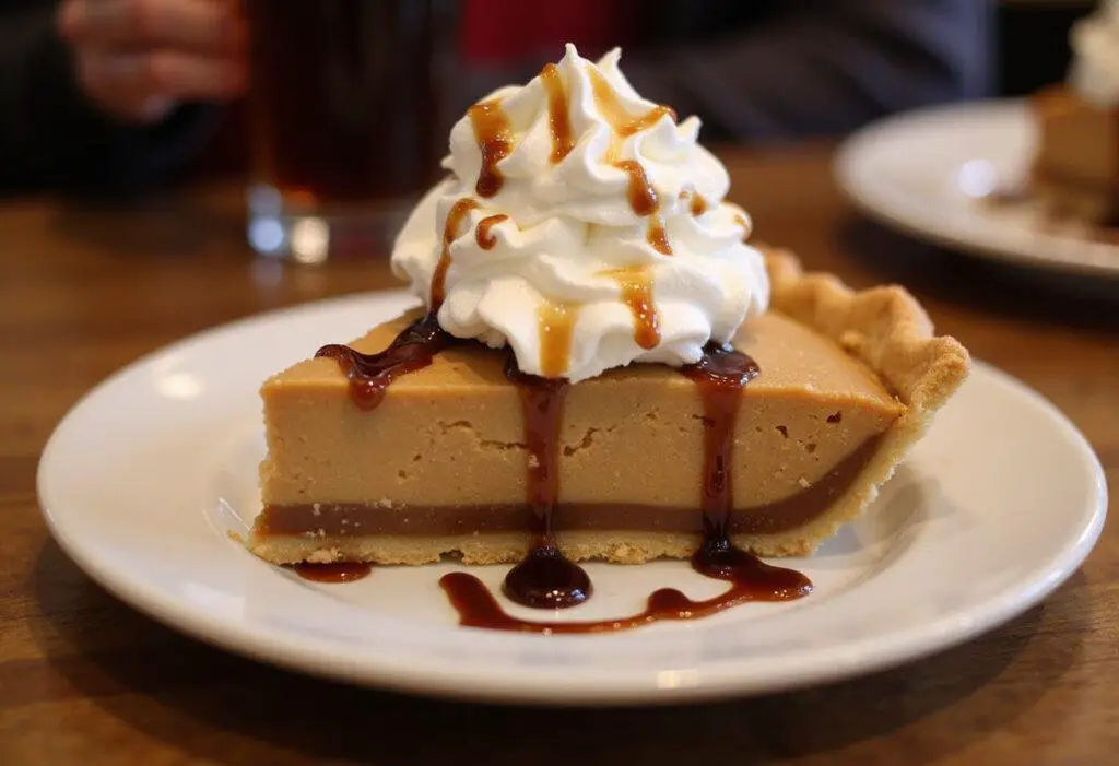 Delicious slice of Three Broomsticks Root Beer Float Pie with Butterbeer whipped cream, a perfect dessert capturing the magic of Butterbeer.
