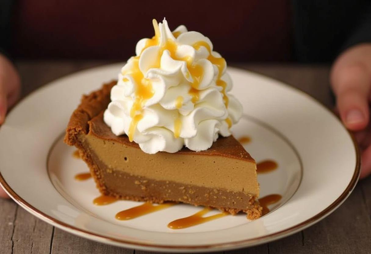 Delicious slice of Three Broomsticks Root Beer Float Pie with Butterbeer whipped cream, a perfect dessert capturing the magic of Butterbeer.