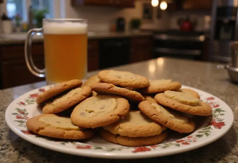 Finished Weasley's Wizard Wheezes U-No-Poo Butterbeer Cookies served on a platter with Butterbeer, perfect for a Harry Potter-themed dessert table.