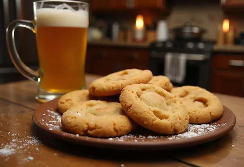 Finished Weasley's Wizard Wheezes U-No-Poo Butterbeer Cookies served on a platter with Butterbeer, perfect for a Harry Potter-themed dessert table.