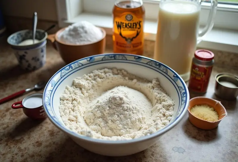 Ingredients for Weasley's Wizard Wheezes U-No-Poo Butterbeer Cookies displayed on a kitchen counter, featuring flour, sugar, baking soda, and measuring tools.
