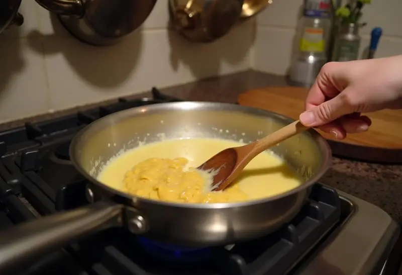 Melting butterscotch chips and butter for Weasley's Wizard Wheezes U-No-Poo Butterbeer Cookies in a saucepan, showcasing a warm kitchen atmosphere.