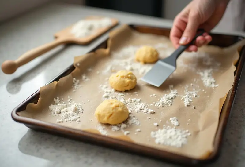 Preparing to bake Weasley's Wizard Wheezes U-No-Poo Butterbeer Cookies by lining a sheet with parchment paper, capturing the cookie-making process.