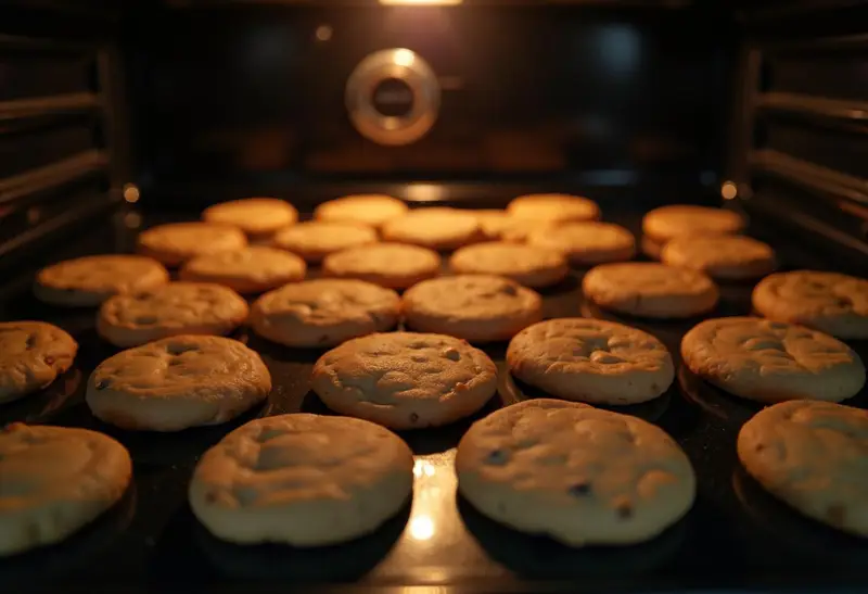 Delicious Weasley's Wizard Wheezes U-No-Poo Butterbeer Cookies baking in the oven, showcasing the final moments before they are ready to enjoy.