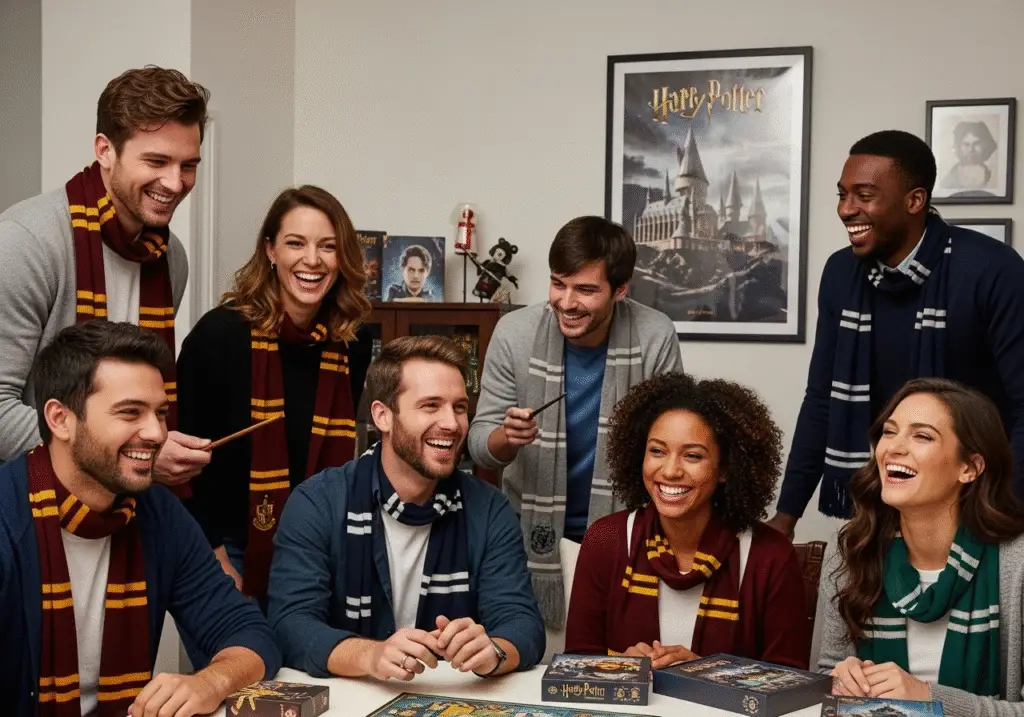 A diverse group of Harry Potter fans (Muggles) enthusiastically gathered in a cozy, fan-decorated room, enjoying a Harry Potter movie marathon or a themed board game night. They are laughing, wearing subtle HP merchandise (scarves, t-shirts). In the background, a framed poster of Hogwarts or a subtle HP prop is visible. The scene should convey warmth, community, and the joy of shared fandom, proving Muggles can create their own magic. Realistic, joyful, Harry Potter fandom aesthetic