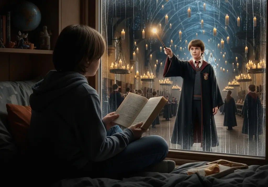 A young adult or child sitting in a cozy, ordinary bedroom, looking out a window on a rainy day, holding a well-worn copy of 'Harry Potter and the Sorcerer's Stone'. Their reflection in the window glass, however, clearly shows them dressed in full Hogwarts robes, holding a glowing wand, standing proudly in the Great Hall with enchanted candles floating above. Focus on the blend of reality and imagination, with a touch of melancholy and hope. Magical realism, Harry Potter universe style.