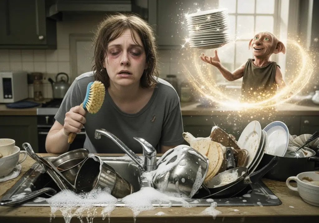 A messy Muggle kitchen sink overflowing with dirty dishes and a person looking utterly exhausted holding a scrubbing brush. In the background, through a shimmering, magical distortion, show a glimpse of a house-elf (like Dobby) happily levitating a stack of clean plates with a magical sparkle. Focus on the contrast between the Muggle's struggle and magical ease. Harry Potter movie still style.