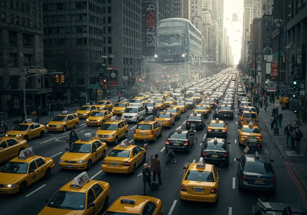 A chaotic, gridlocked modern city street during rush hour, filled with yellow taxis and frustrated drivers. Above the traffic, a faint, almost transparent silhouette of a Knight Bus is soaring through the air, heading towards a shimmering, magical portal in the sky. The Muggles below look stuck and annoyed. Humorous, slightly exaggerated, Harry Potter aesthetic.