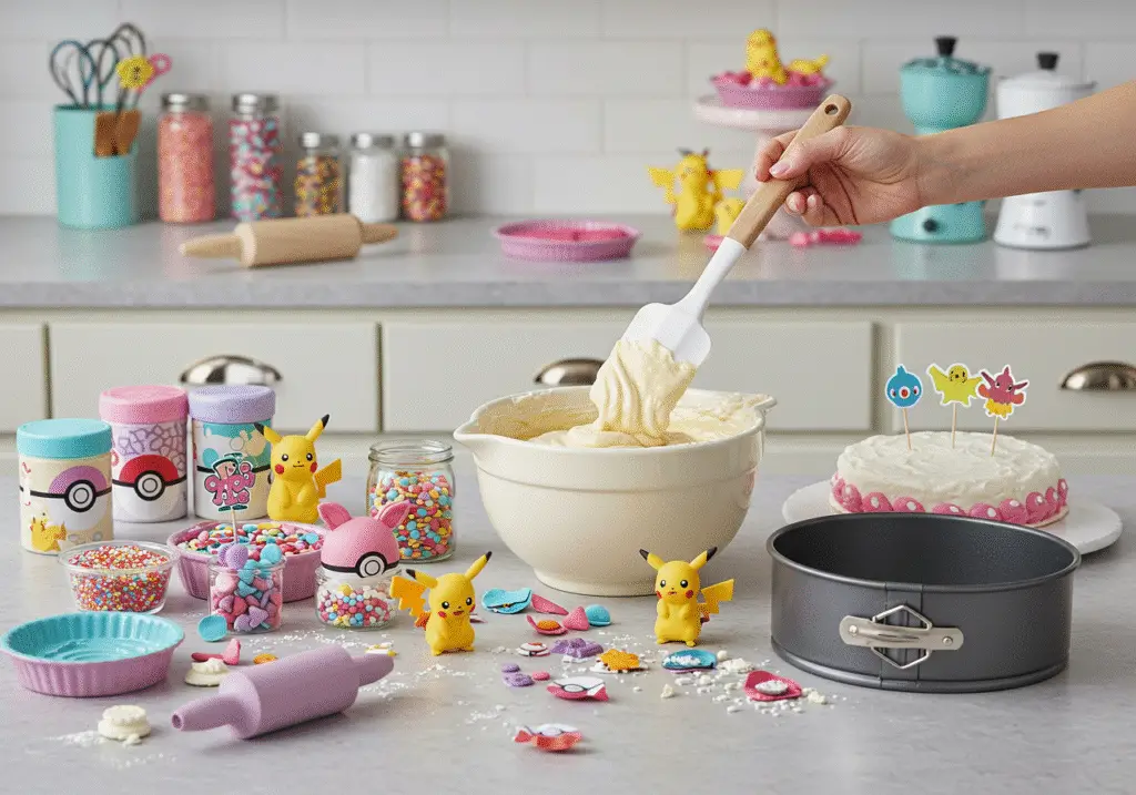 Making a Pokemon birthday cake batter in a colorful kitchen with festive decorations and vibrant sprinkles.