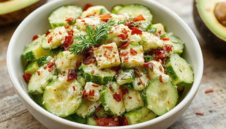 A vibrant bowl of cucumber and avocado salad featuring freshly sliced green cucumbers and creamy mashed avocado, garnished with fresh herbs and a drizzle of dressing. The salad is presented in a white ceramic bowl with a rustic wooden backdrop, highlighting the fresh textures and bright colors.