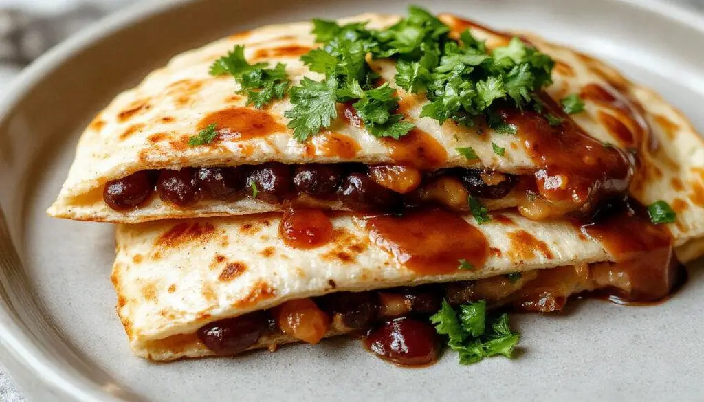 Crispy golden vegan quesadillas filled with black beans, melted plant-based cheese, and fresh cilantro, sliced diagonally to reveal the hearty filling, served on a rustic wooden platter with a side of salsa and lime wedges.