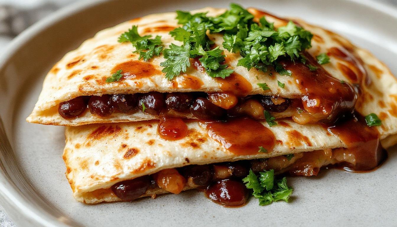 Crispy golden vegan quesadillas filled with black beans, melted plant-based cheese, and fresh cilantro, sliced diagonally to reveal the hearty filling, served on a rustic wooden platter with a side of salsa and lime wedges.